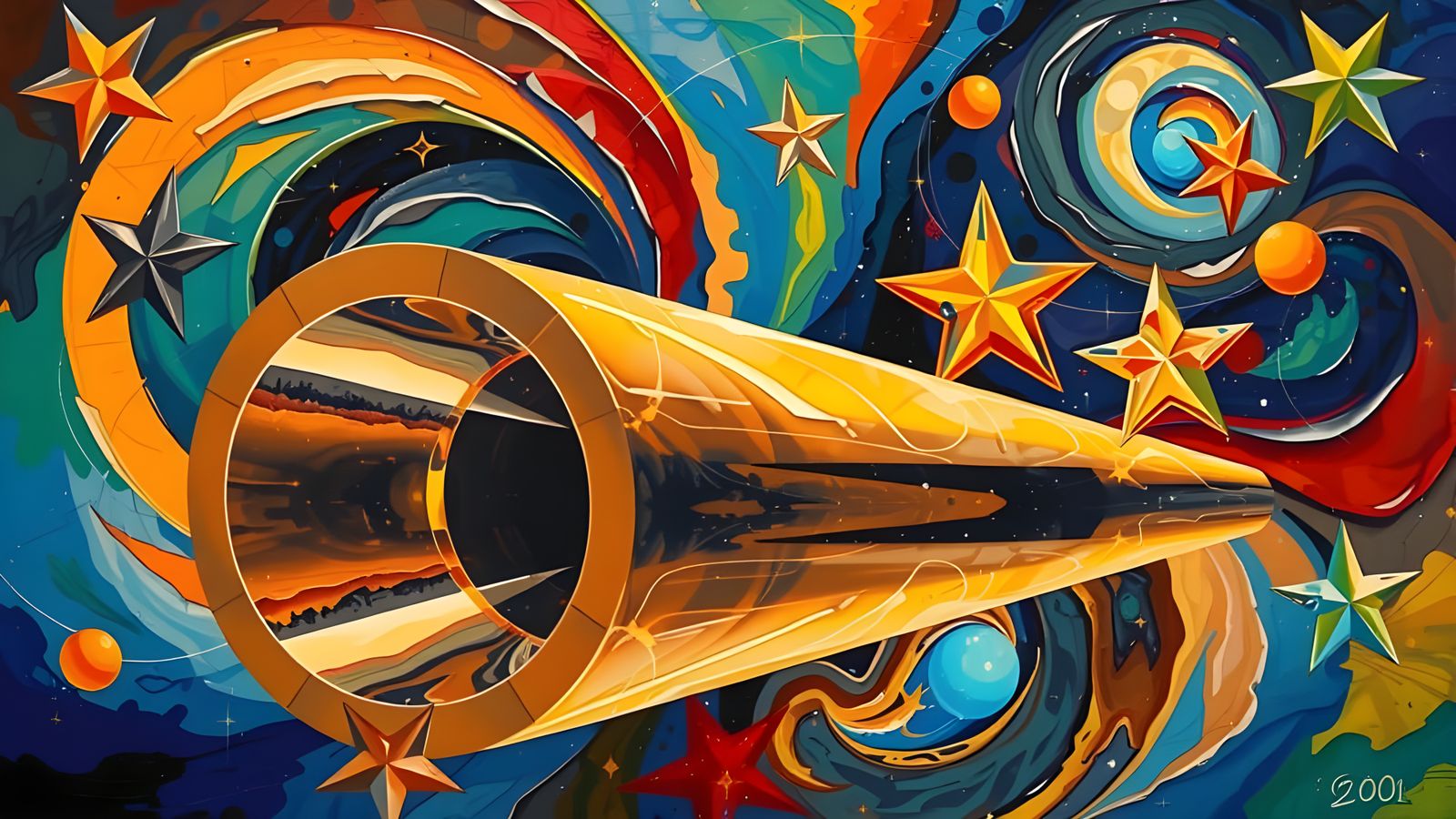 Vibrant Cosmic Dance in Shimmering Glass