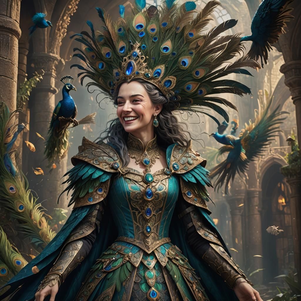 Medieval Queen with Peacock Feathers: Fantasy Art