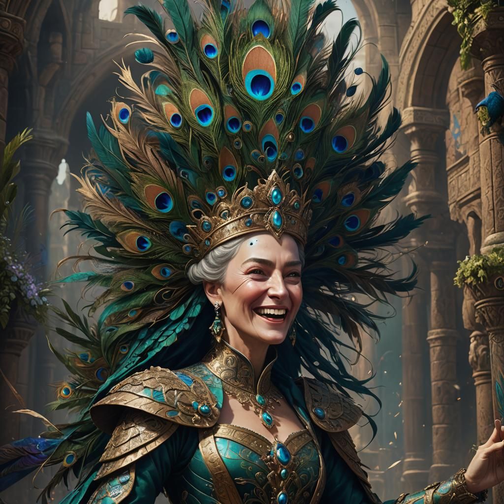 Medieval Queen with Peacock Feathers: Fantasy Art