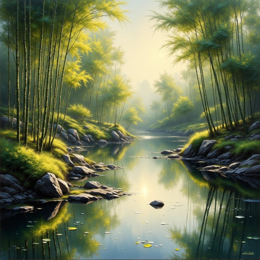 Serene Japanese Garden Pond Oil Painting