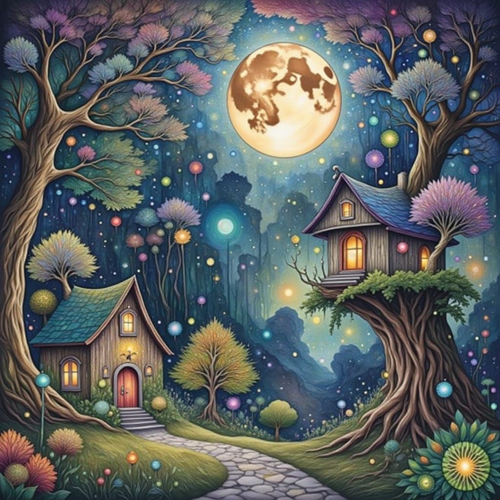 Fairy Village in Ancient Tree, Watercolor Painting