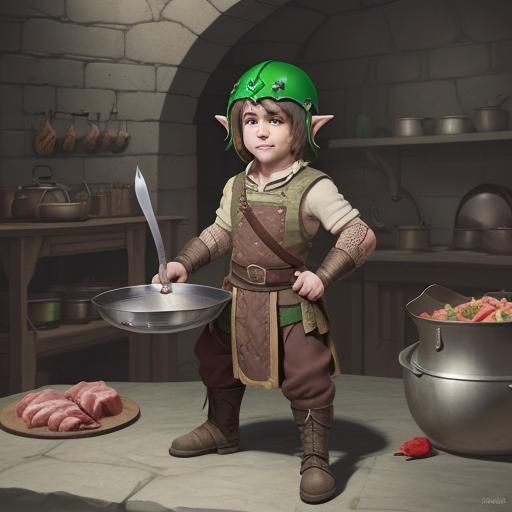 Halfling Warrior in Dungeon with Cooking Pot Helmet