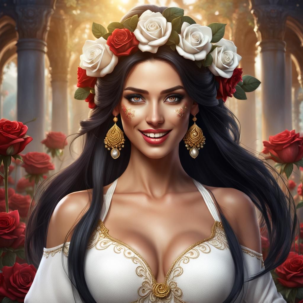 Beautiful Bulgarian Woman with Roses, Detailed Matte Paintin...