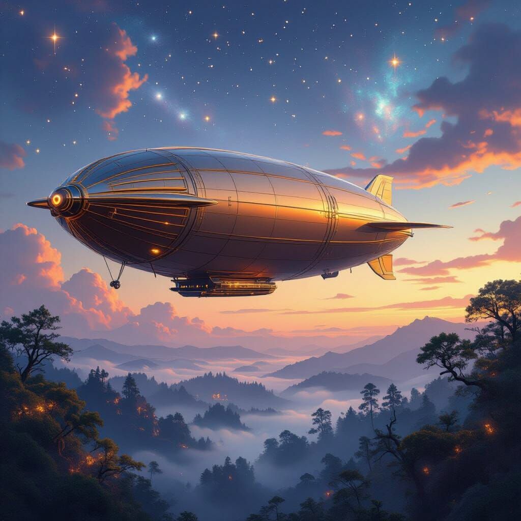 Art Deco Airship Glides Through Nebula Sky