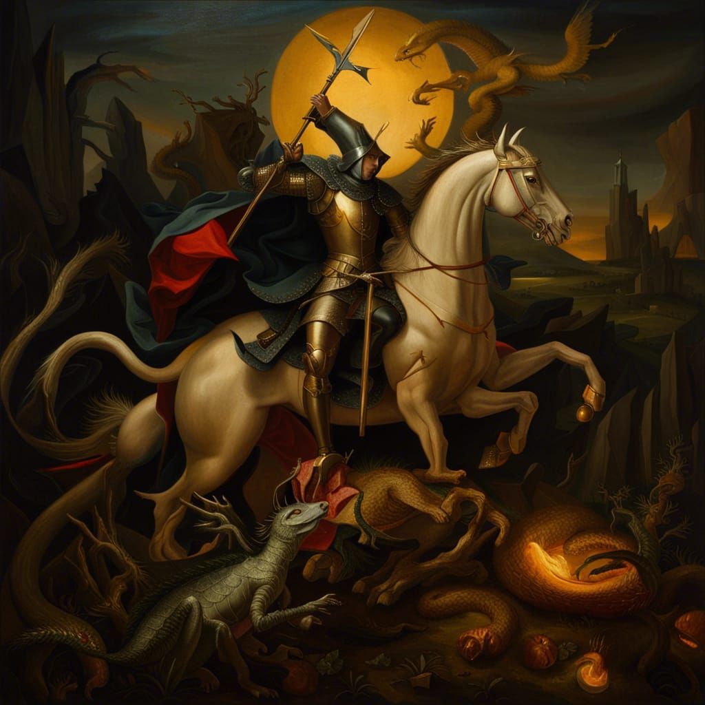 St George Slaying Dragon in Dark Fantasy Style