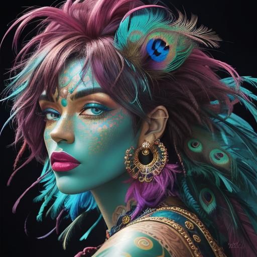 Fauvist Woman with Peacock Feathers and Iridescent Skin