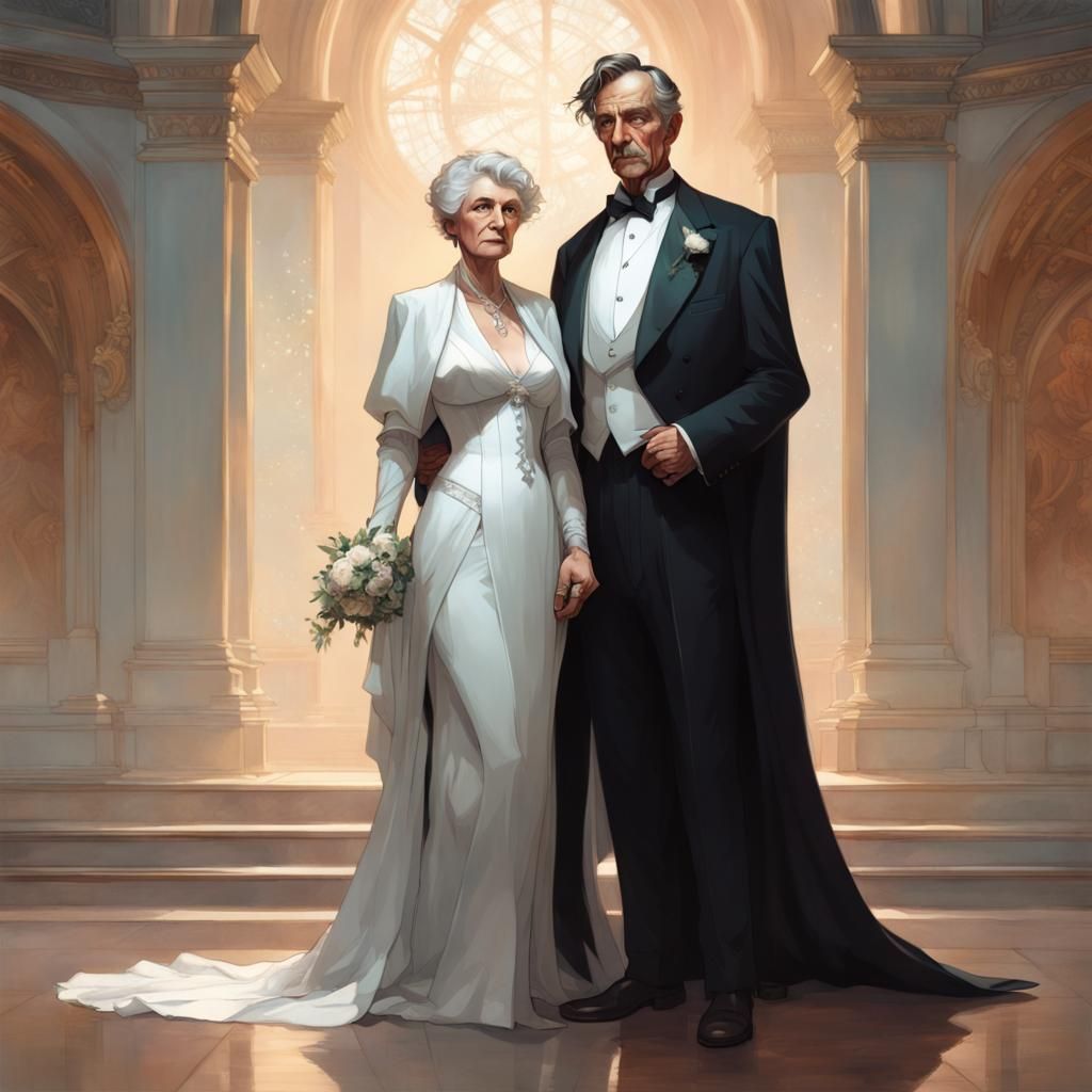Elderly Bride and Young Groom in Grant Wood Style