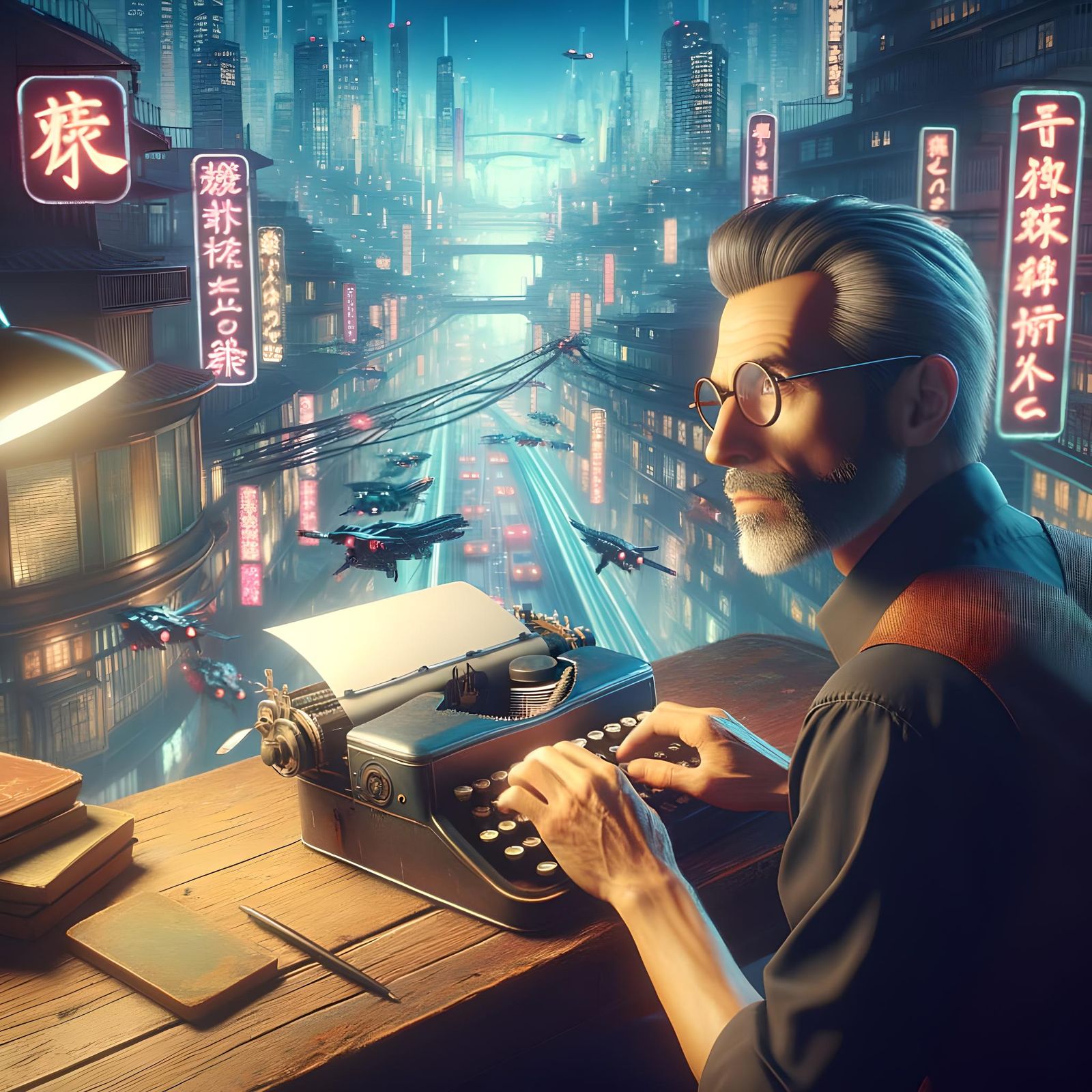Cyberpunk Author Writing in Futuristic City