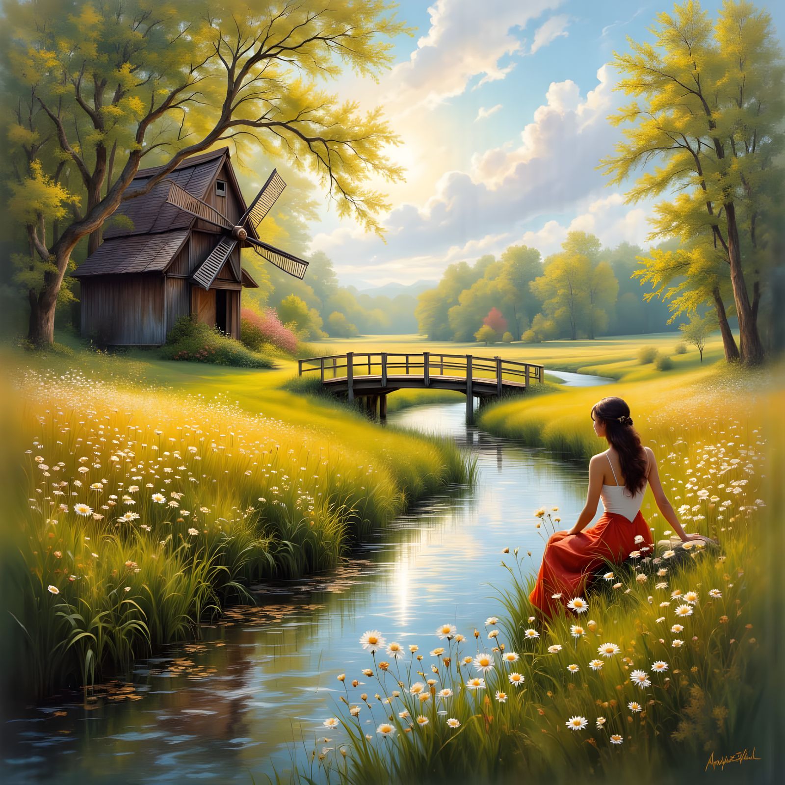 A gentle river winds through a sunlit meadow