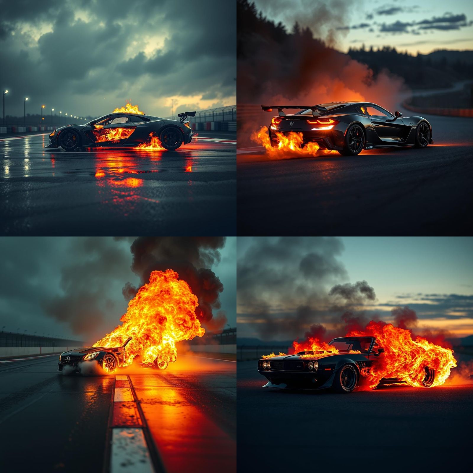 Burning Racecar on Racetrack in Hyperrealistic Detail