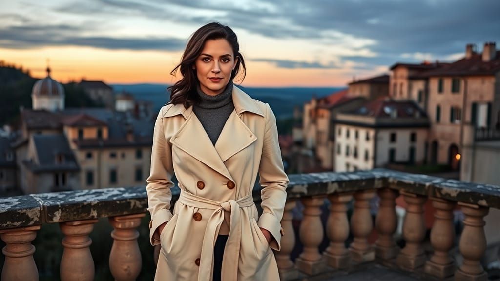 Elegant Woman Overlooking Village at Dusk