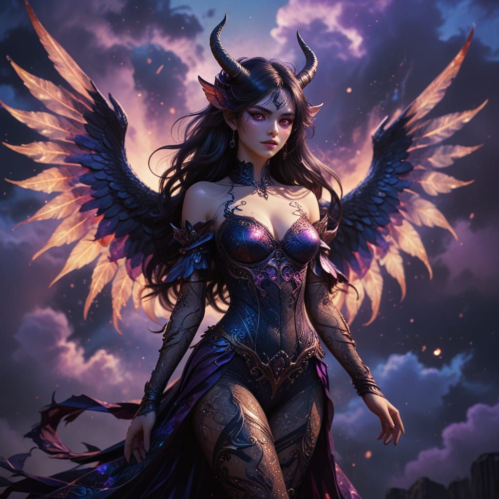 Anime Demon Woman with Wings and Dark Hair in Twilight Setti...