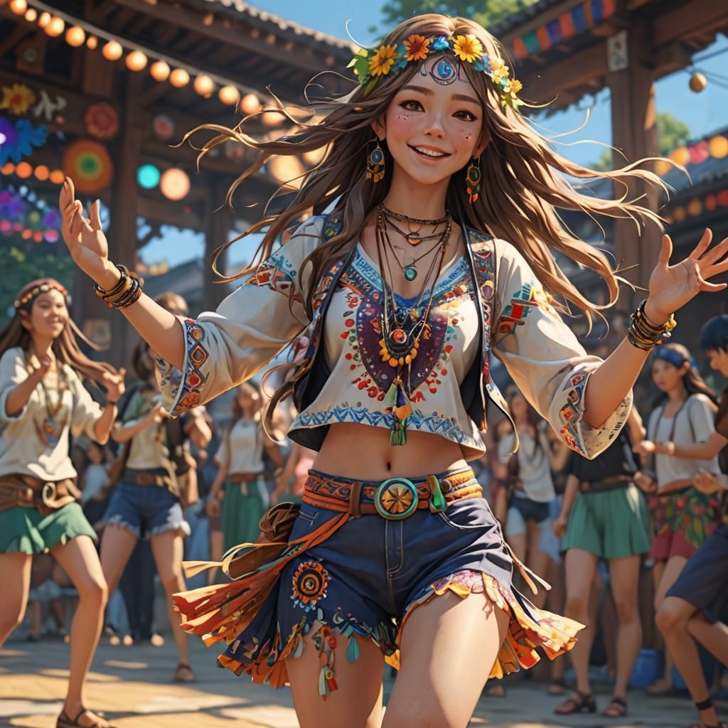 Beautiful Hippie Girl Dancing in 3D Anime Art