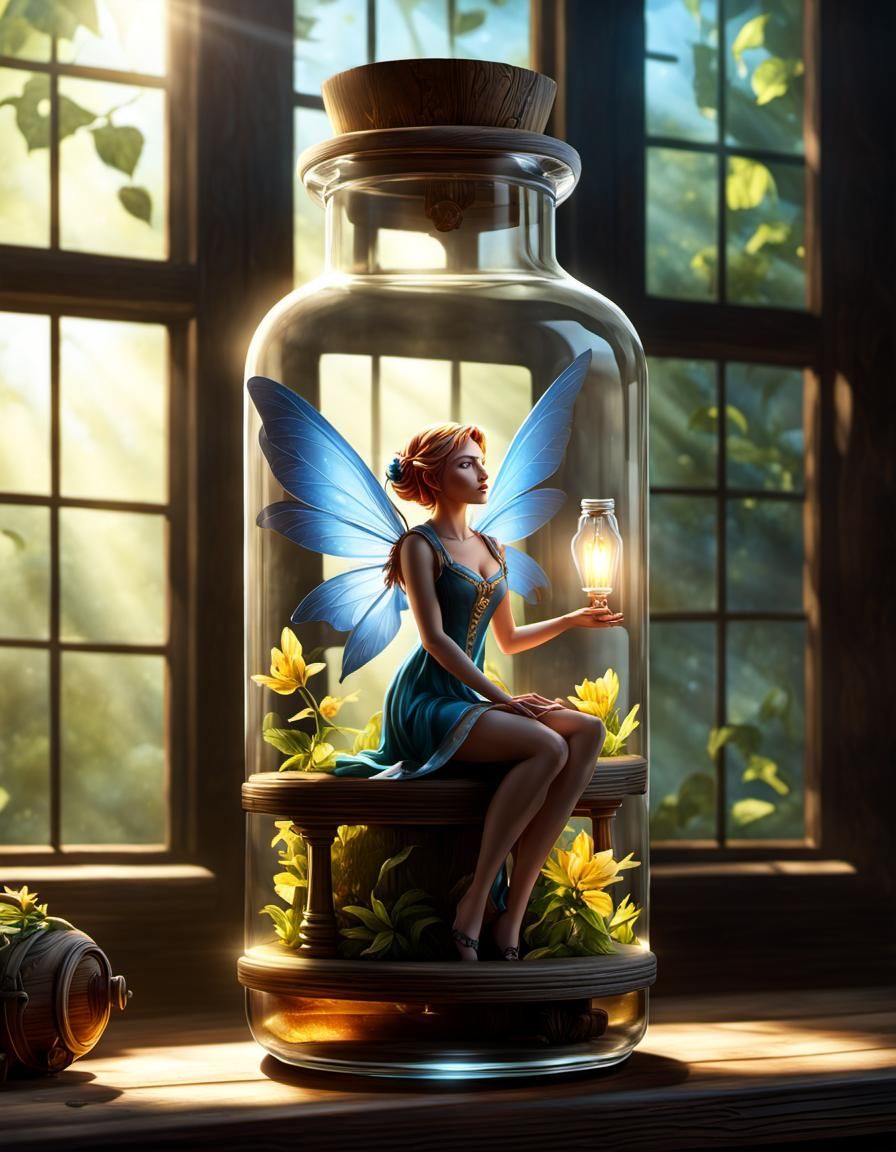 Fairy Imprisoned in Glass Bottle: Dark Fantasy Art