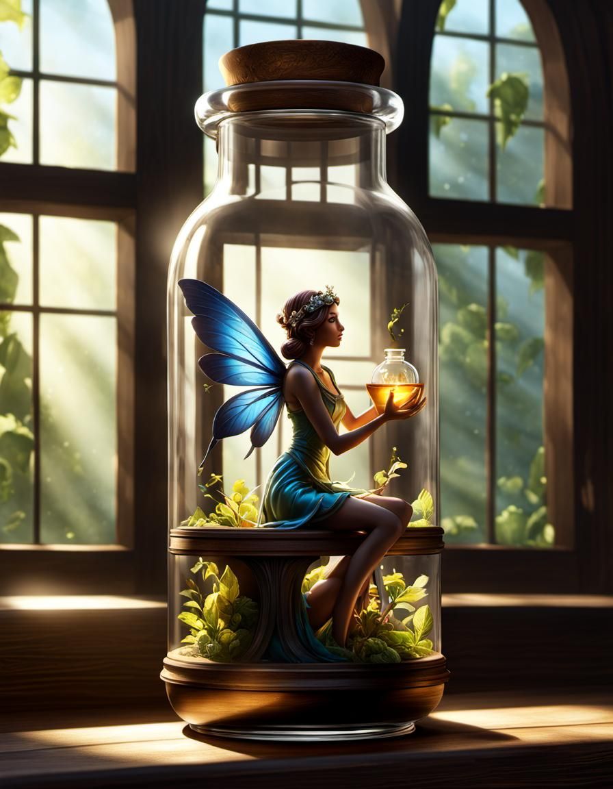 Fairy Imprisoned in Glass Bottle: Dark Fantasy Art