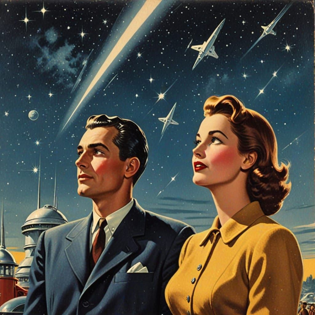 Nostalgic Futuristic Couple Embracing Stardust