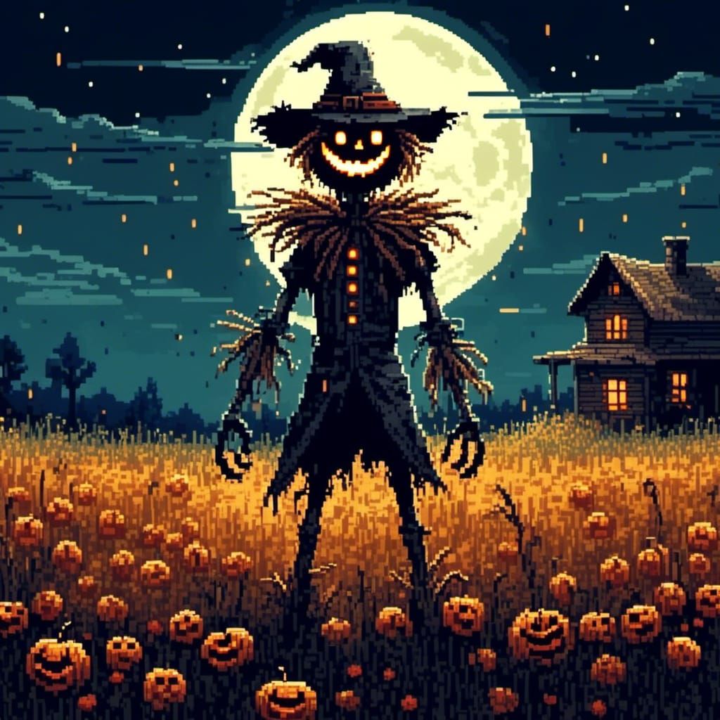 Creepy Scarecrow with Glowing Smile in Moonlight
