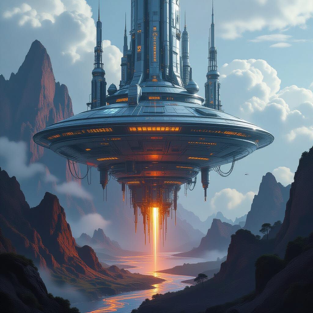 Floating Cyberpunk Metropolis of Gleaming Alloys