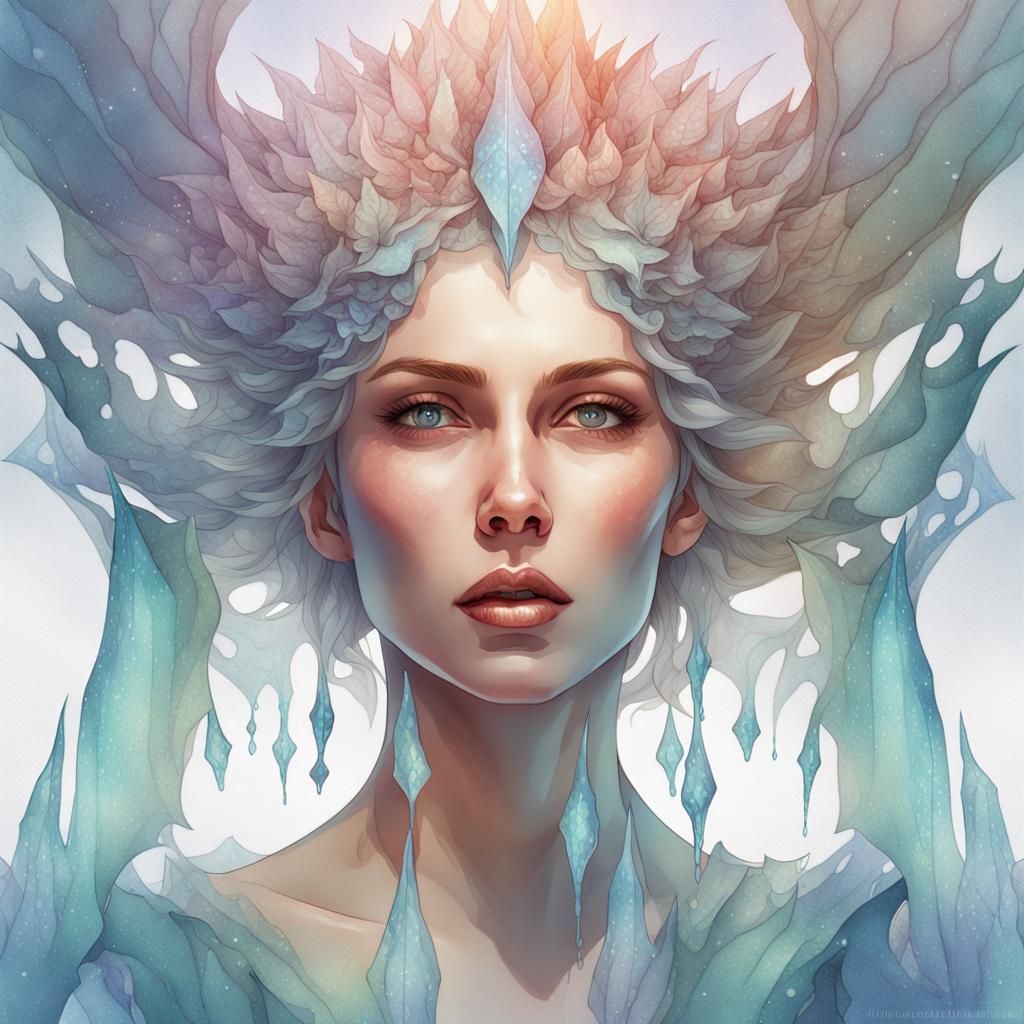 Icy Fairytale Woman: Digital Watercolor Double Exposure Port...