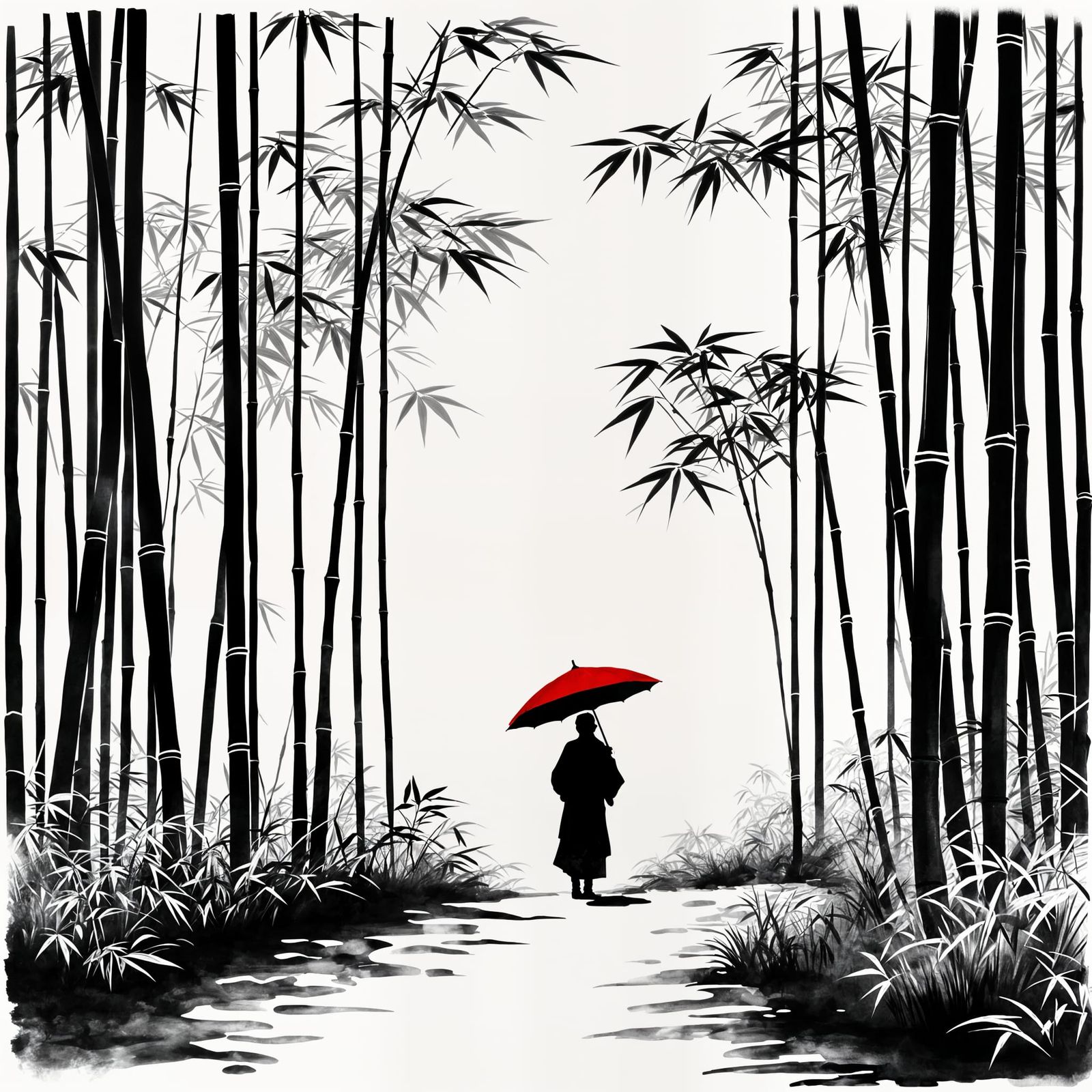 Bamboo Forest Figure in Japanese Ink Wash Style