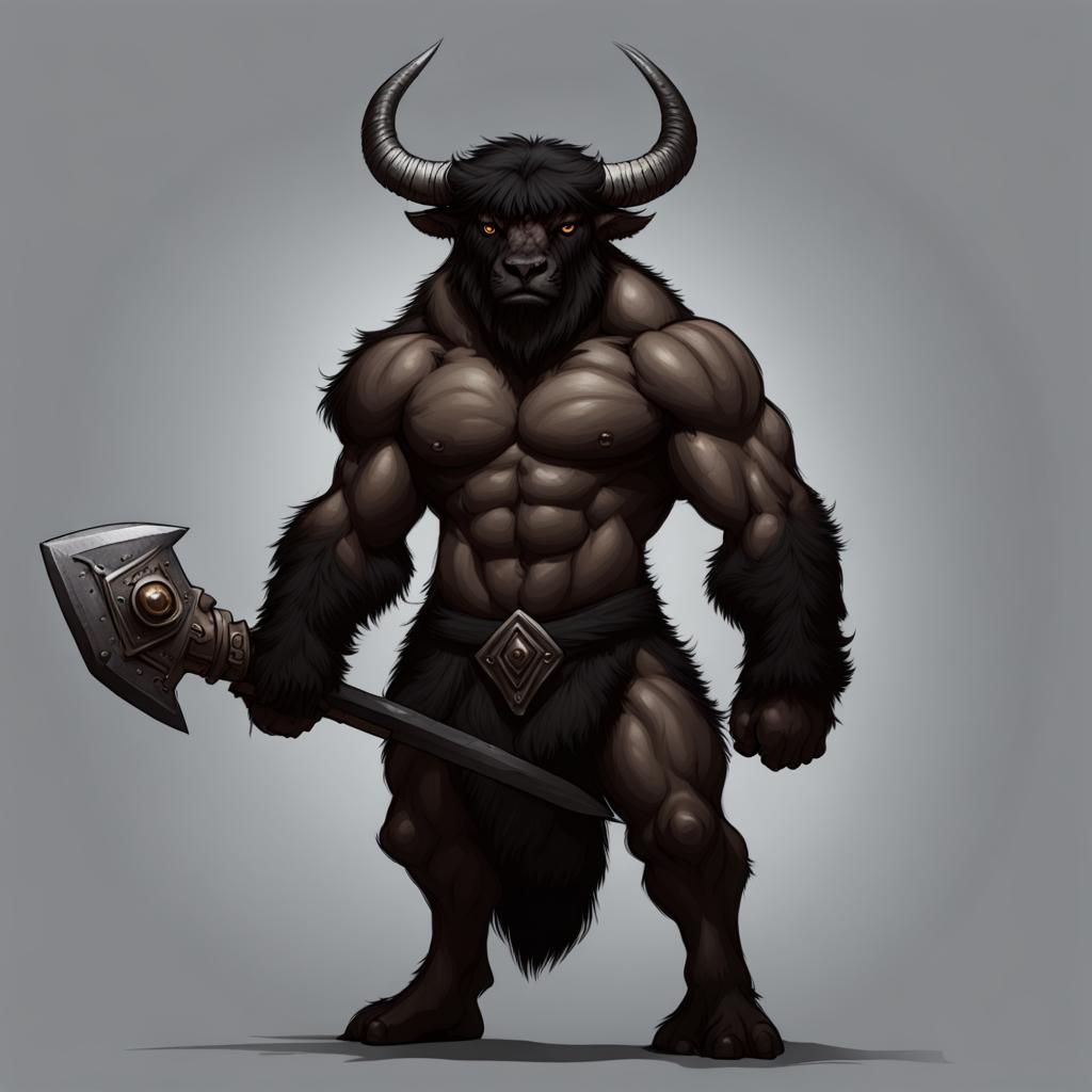 Black Fur Minotaur Fighter with Grey Eye