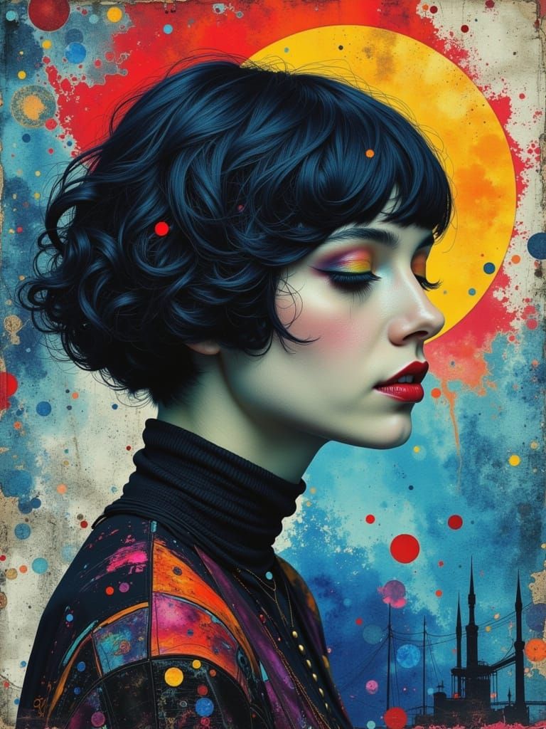 Melancholic Dreamcore Woman in Watercolor Alcohol Ink Style