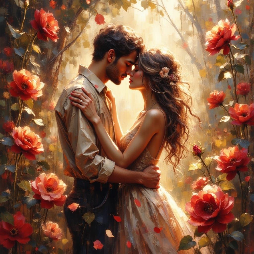 Lovers Embrace in Sun-Drenched Rose Garden Oil Painting