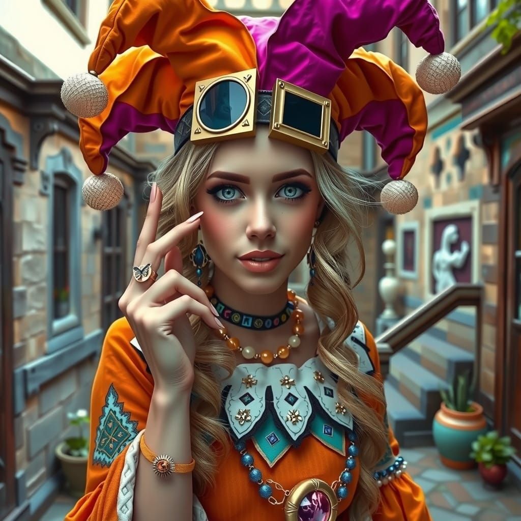 Whimsical Jester Goddess in Cerulean and Honey Hues