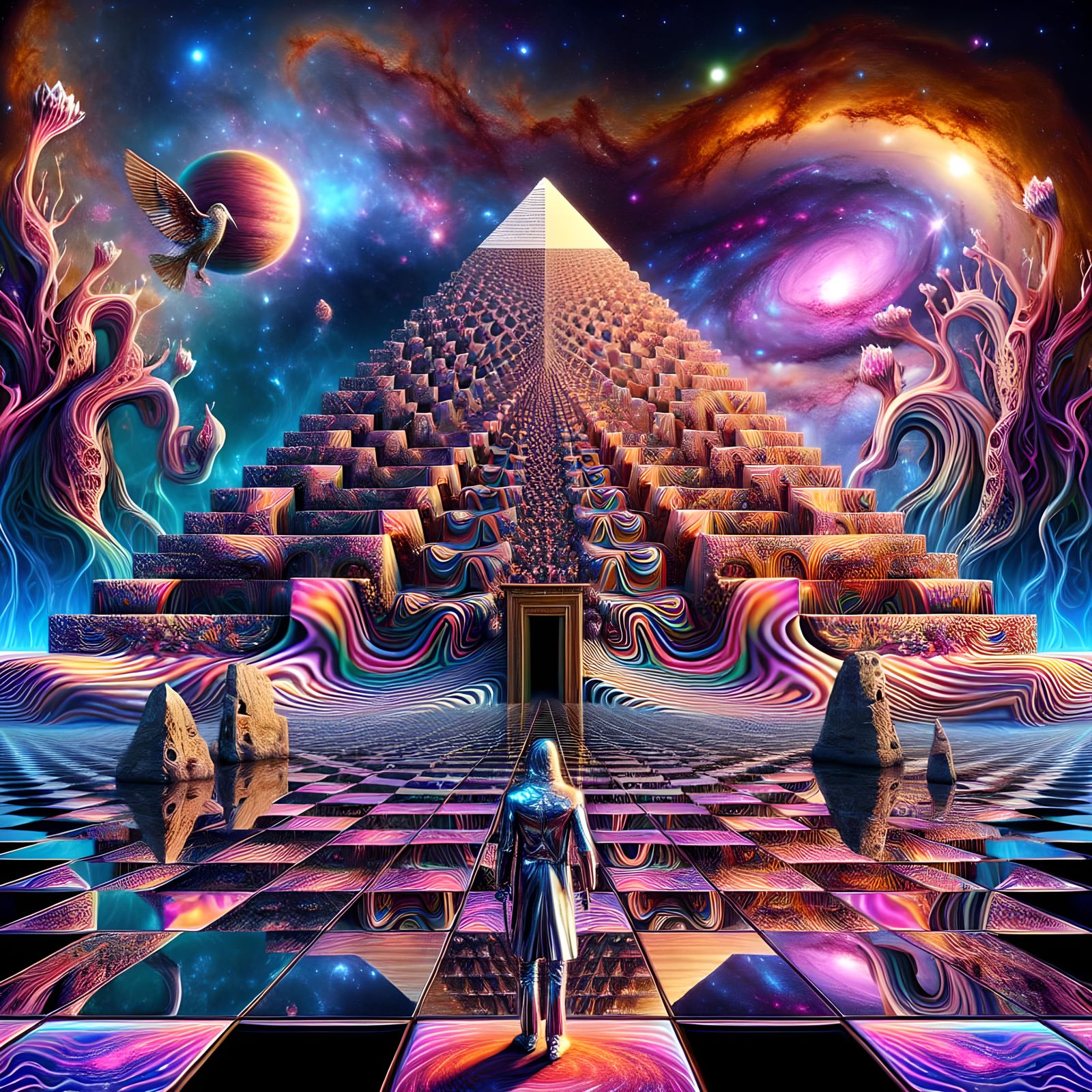Egyptian Pyramid Under Nebula Sky in Psychedelic Kaleidoscop...