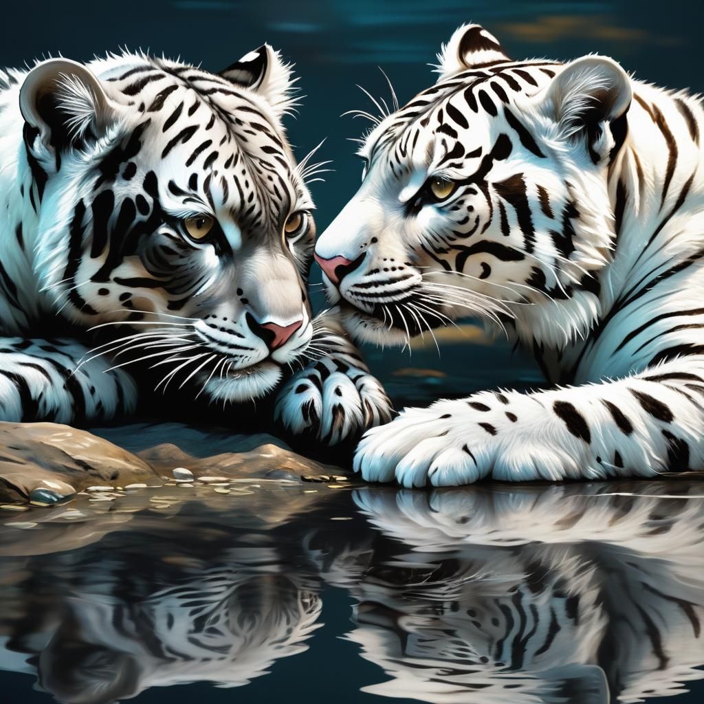 Leopard and Tiger Cubs in Moonlight: Hyperrealistic Splash A...