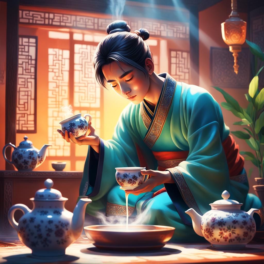 Serene Toilet Water Tea Ritual in Vibrant Realistic Anime St...