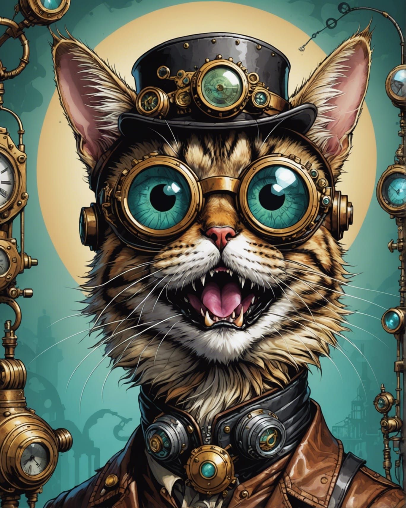 Crazy Steampunk Cat Caricature by Alex Pardee