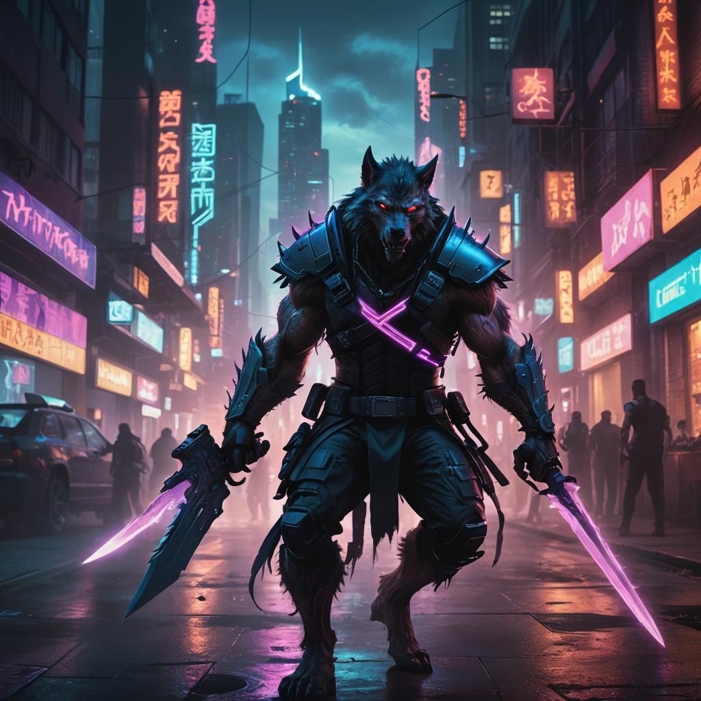 Cyberpunk Werewolf Warrior with Glowing Sword