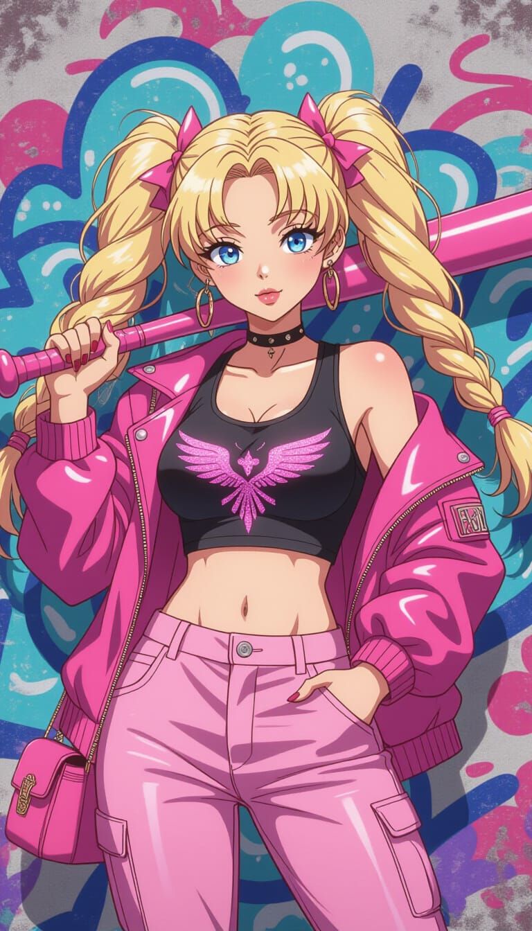 Anime Woman with Pink Bat in Graffiti Alley