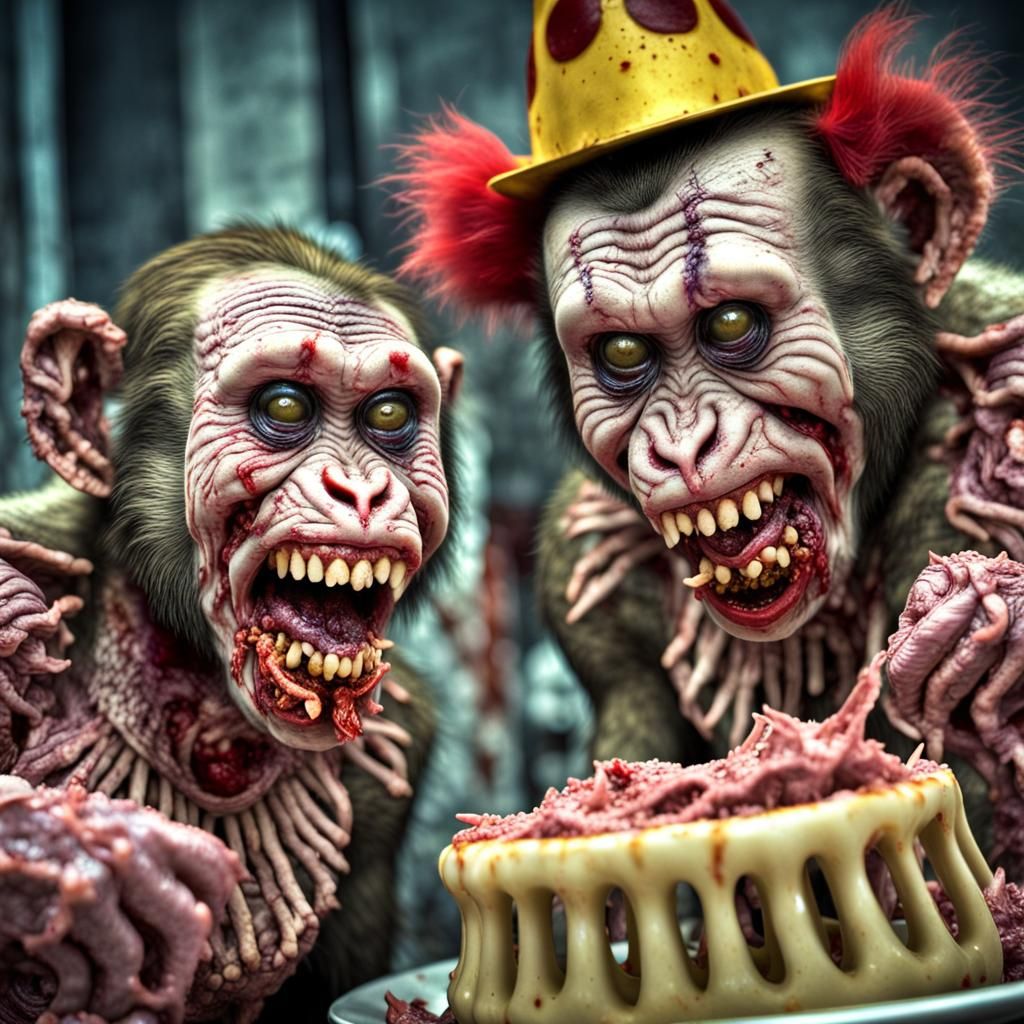 Hyperrealistic Zombie Monkey Clowns Feast on Raw Meat