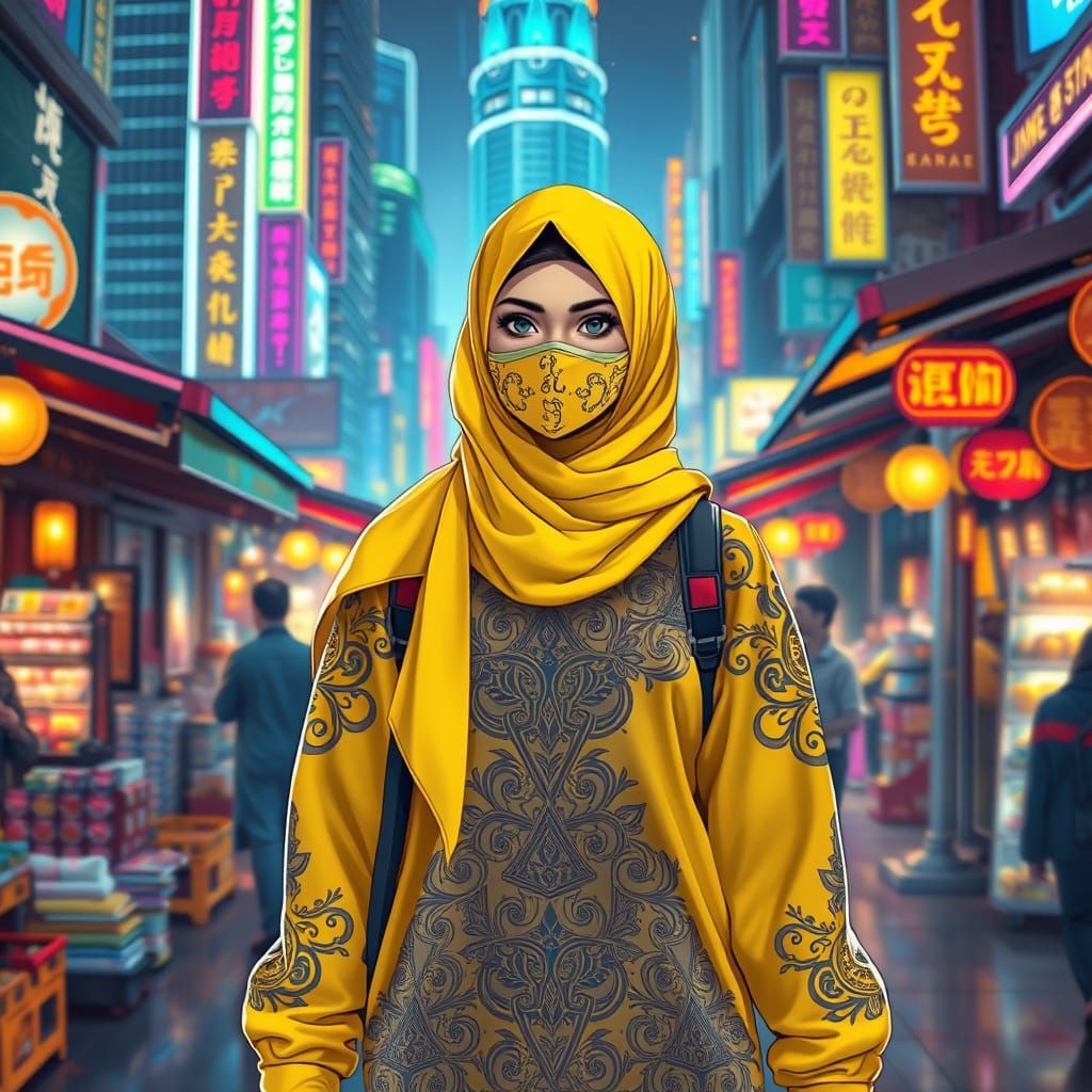 Vibrant Yellow Hijabi in Solarpunk Futurism