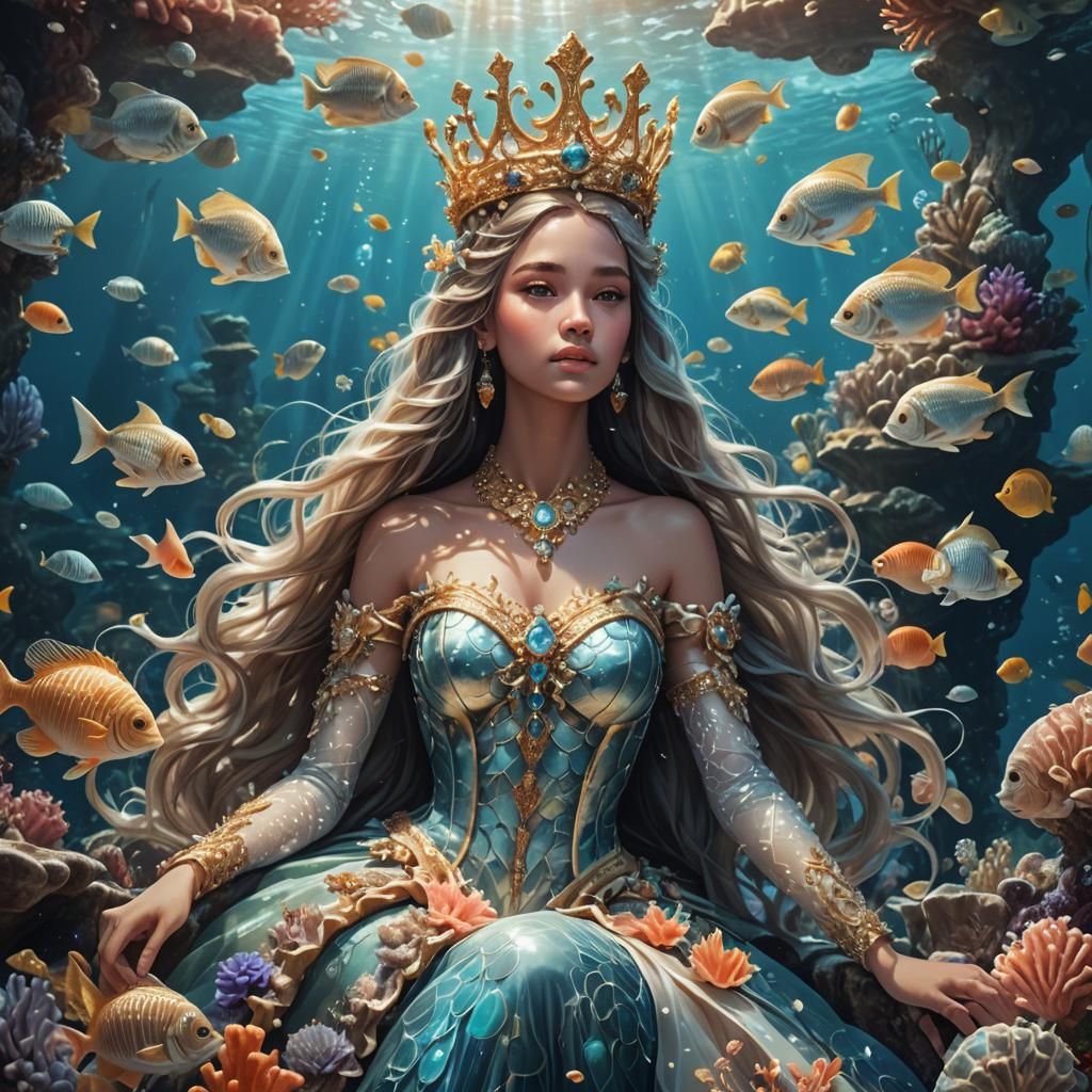 Underwater Princess on Throne in Mythic Realism