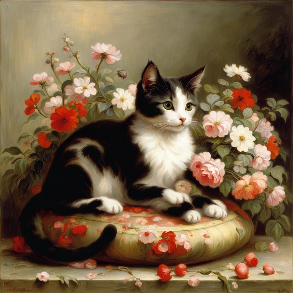 Cute Cat Surrounded by Flowers in Academic Style