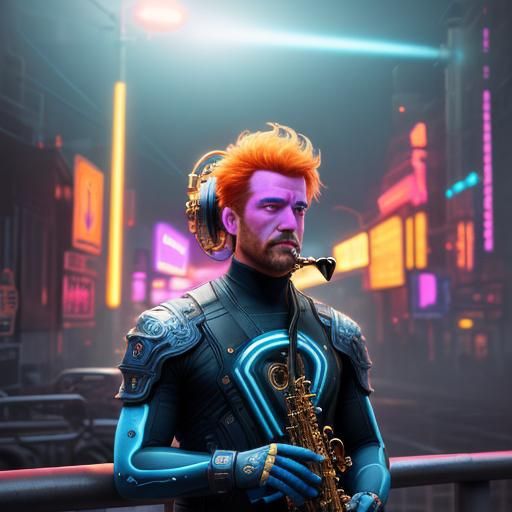 Saxophone Player in a Neon Cityscape