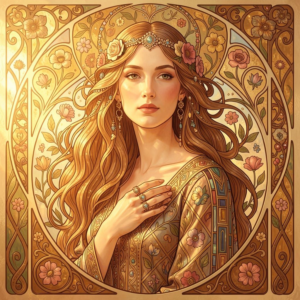 Art Nouveau Woman with Floral Patterns in Golden Hour Glow