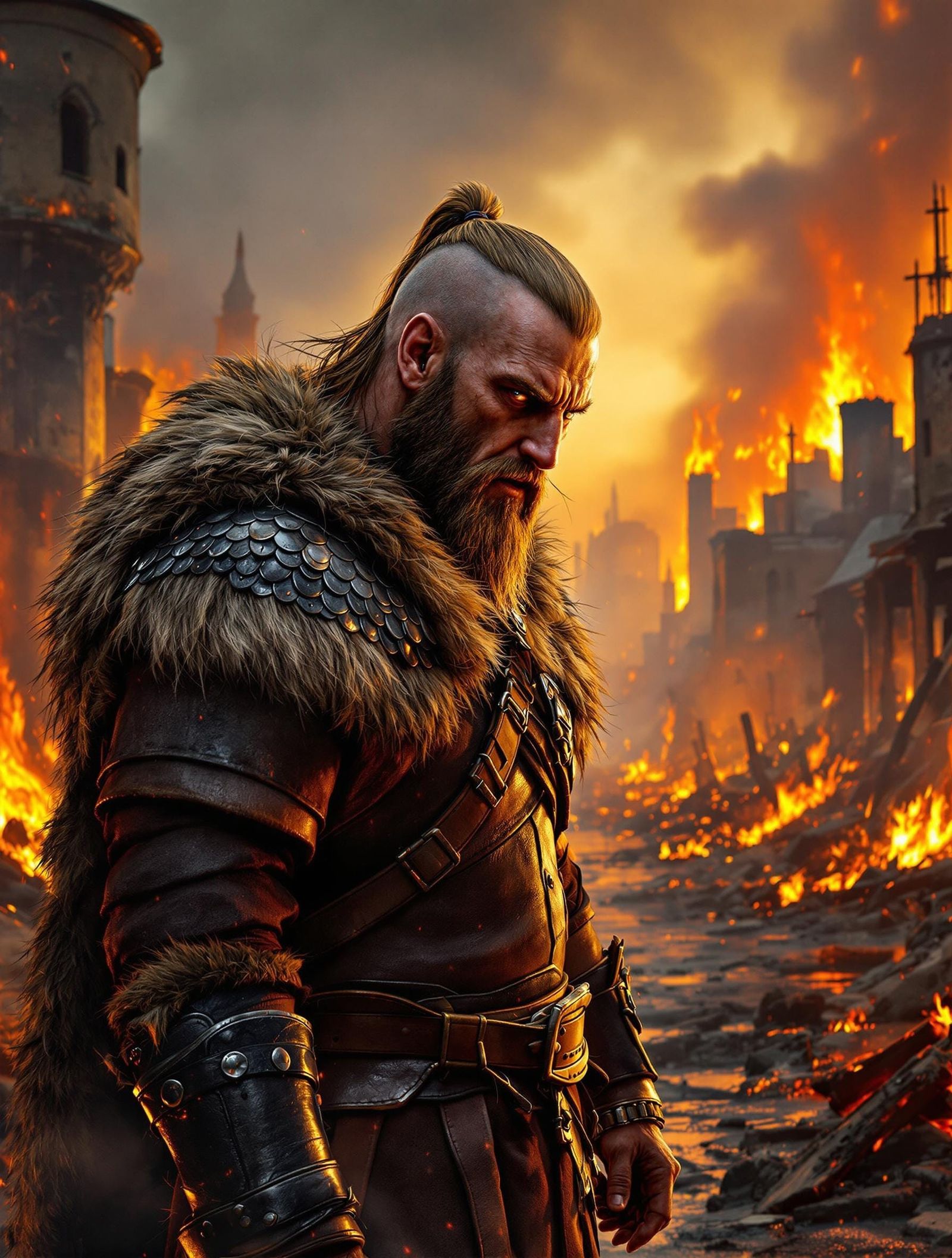 Viking Warrior Surrounded by Charred Dutch Village Ruins in...