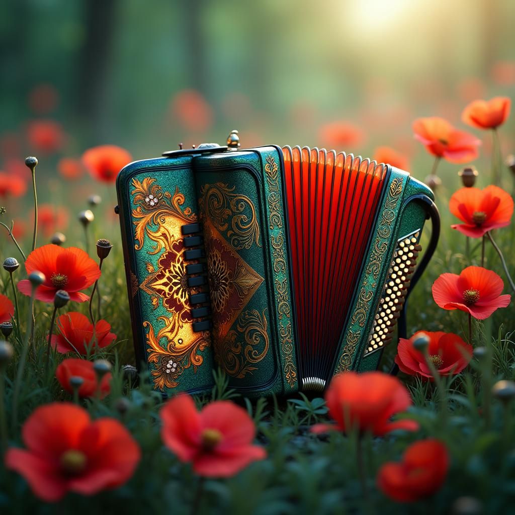 Glowing Accordion in Poppy Field: Art Nouveau Style