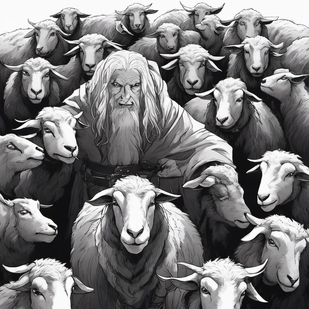 Dark Fantasy Shepherd Guiding Black Sheep