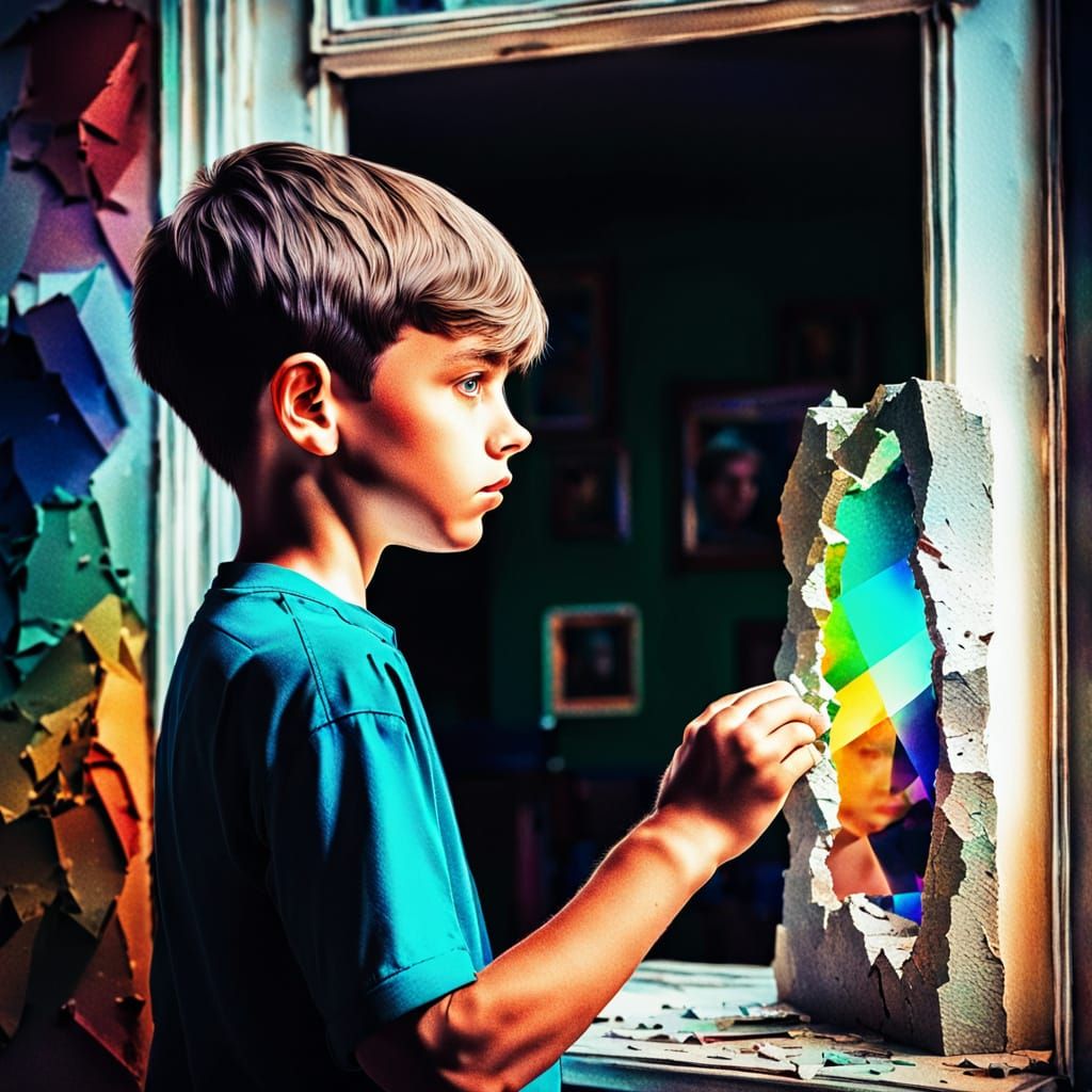 Boy Glimpses Prisma Hues in Father's Study