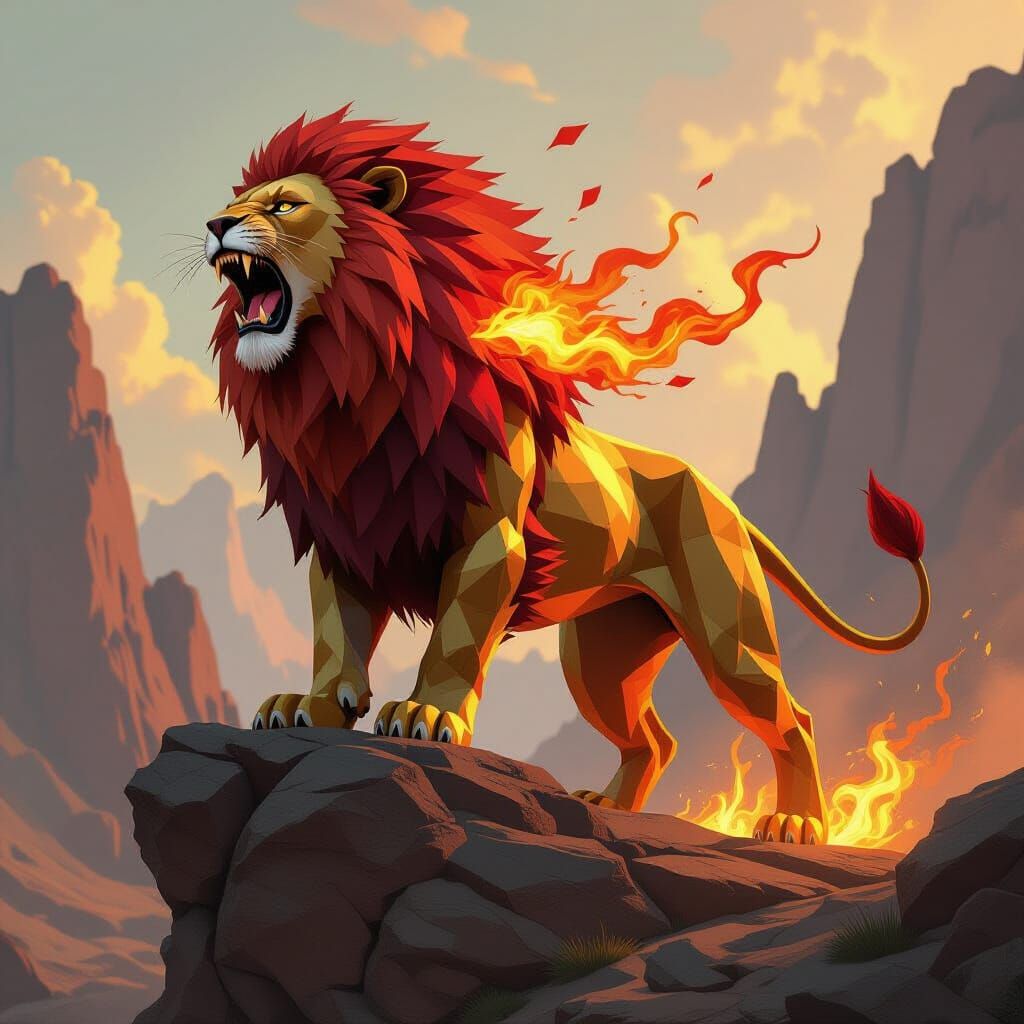 Geometric Lion Roaring in a Fantasy Landscape