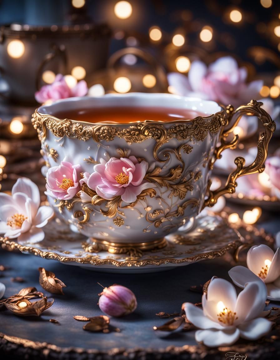 Rococo Porcelain Teacup with Magnolias in 3D
