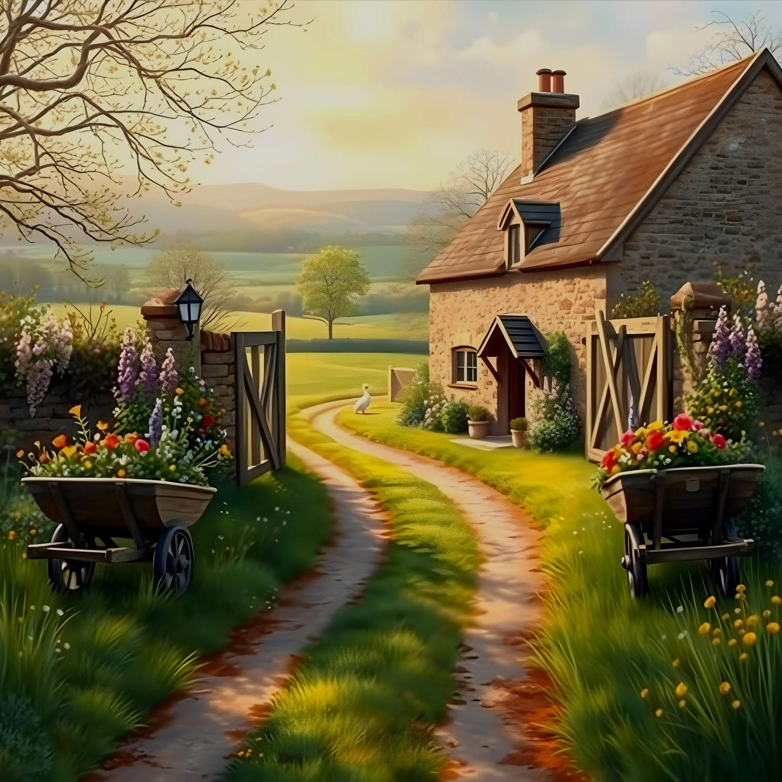 A Peaceful Countryside Scene with Wildflowers and a Charming...