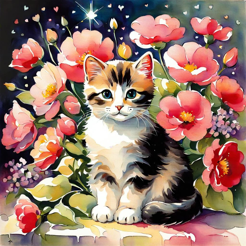 Cute Cat with Flowers in Children's Book Style