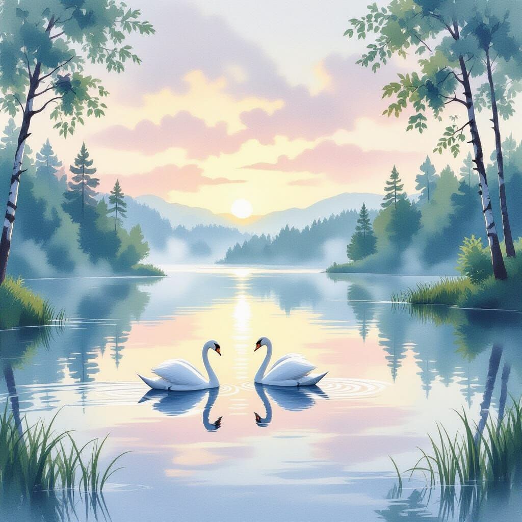 Pastel Lake at Dawn with Swans, Watercolor Painting
