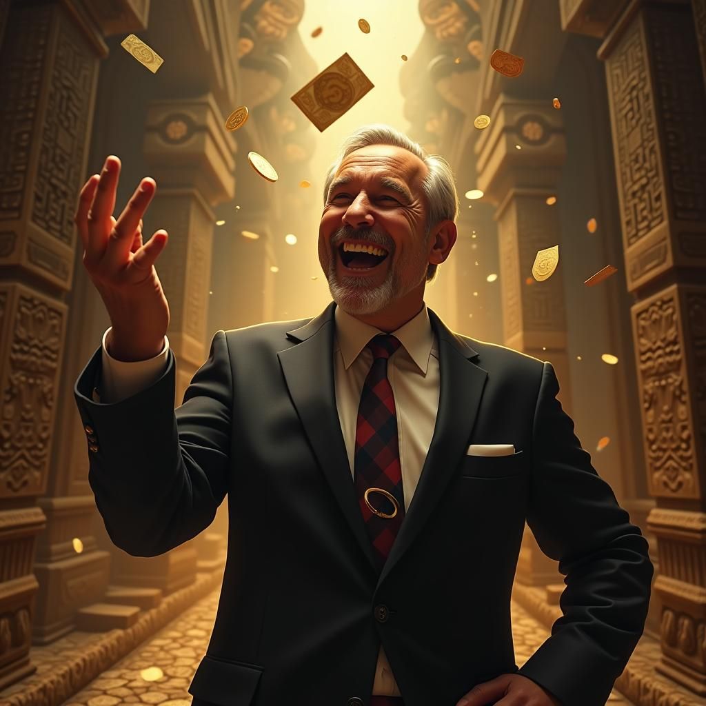 Excited Man Surrounded by Money, Hyper-Realistic Fantasy Art